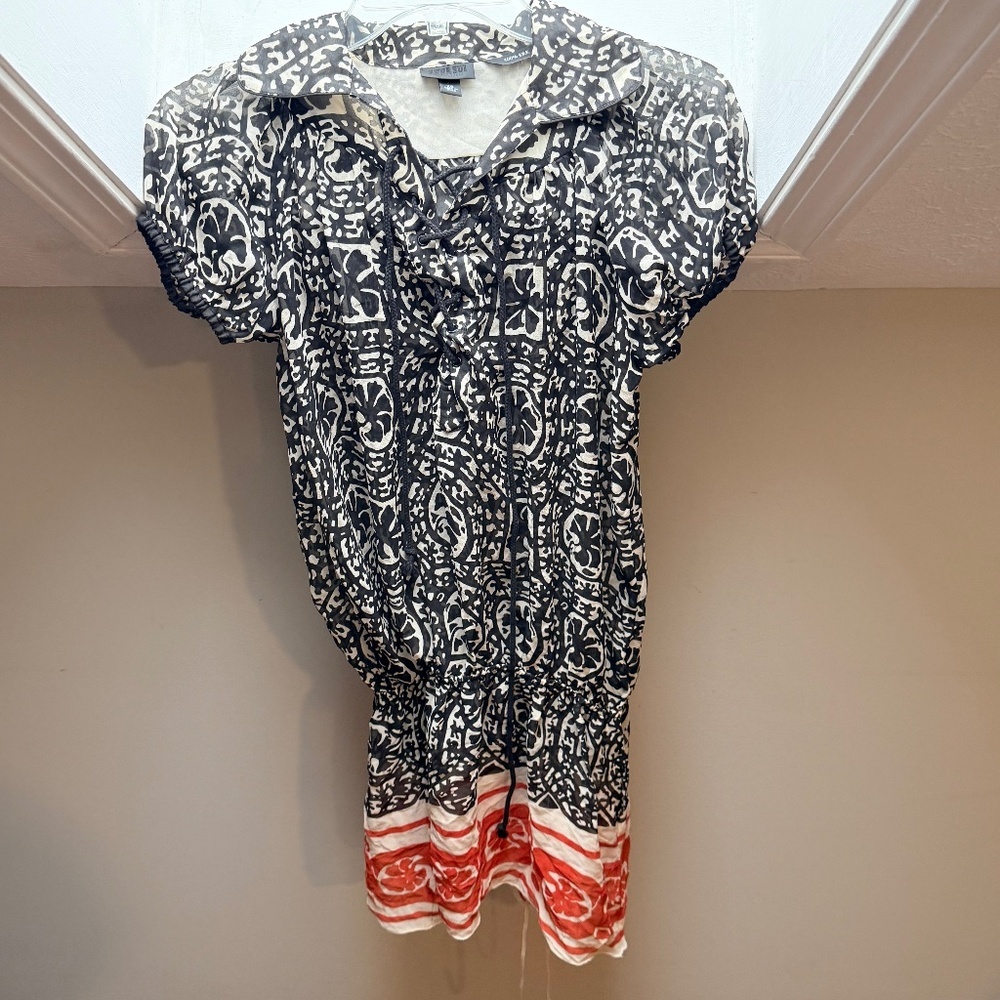 Anna Sui 100% Silk Tunic Drop Waist Dress Black White Red XS